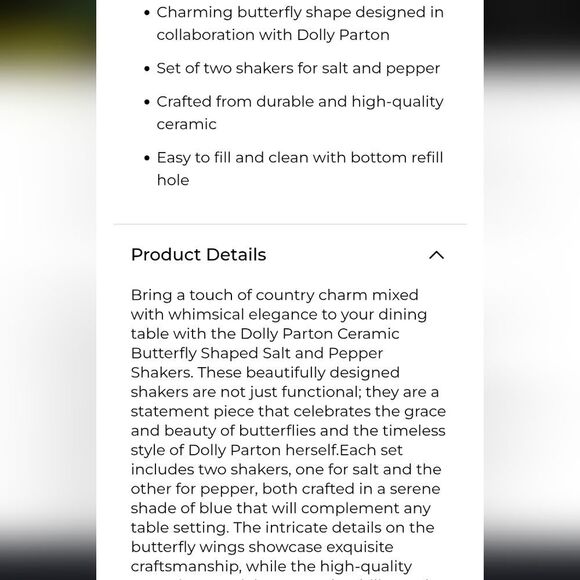 Dolly Parton Ceramic Butterfly Salt & Pepper Shakers - Picture 4 of 7